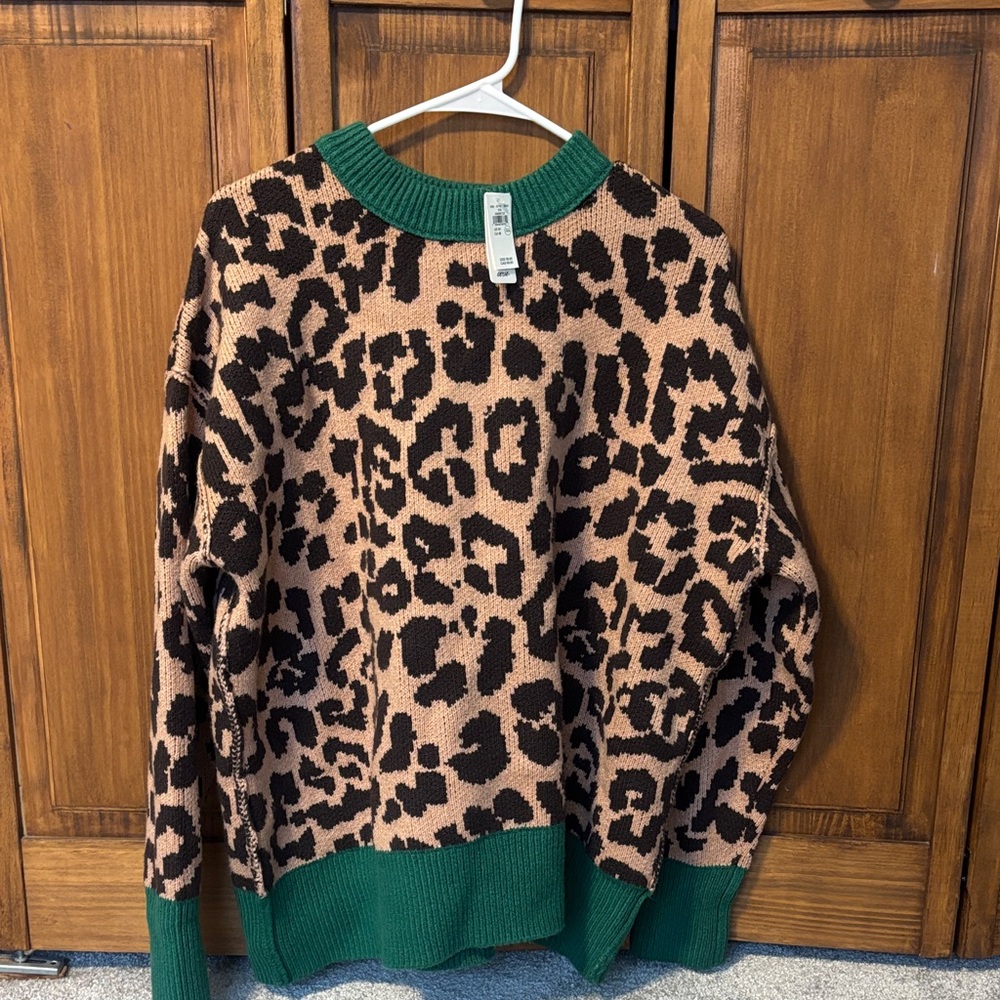 Aerie Leopard Print Sweater with Green Trim